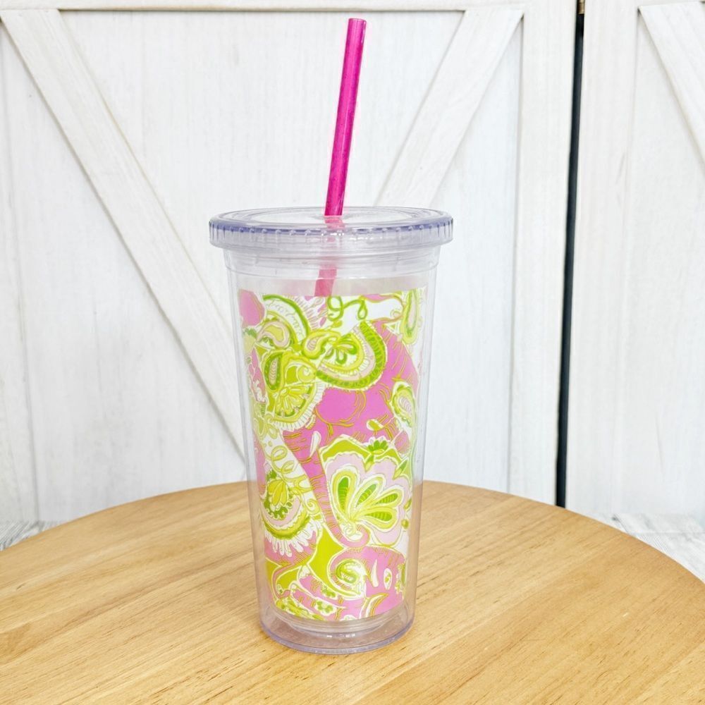 Lilly Pulitzer Elephants Acrylic Tumbler Cup Pink Green 20oz Lid Straw - Picture 2 of 9